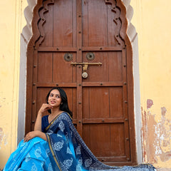 Aqua Print Cotton MulMul Saree with Zari Border
