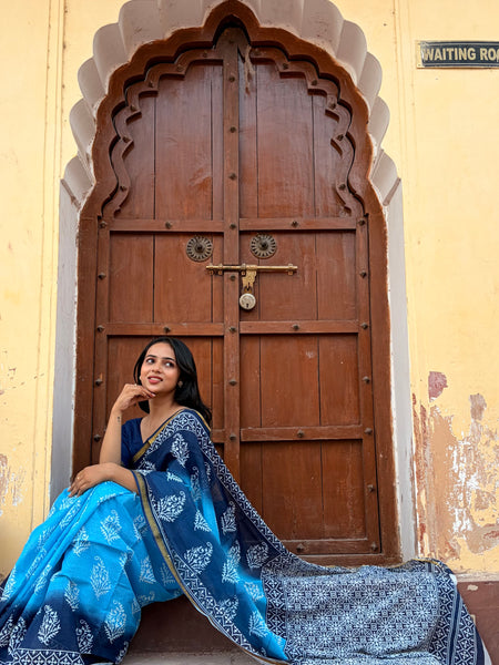 Aqua Print Cotton MulMul Saree with Zari Border