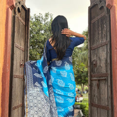 Aqua Print Cotton MulMul Saree with Zari Border