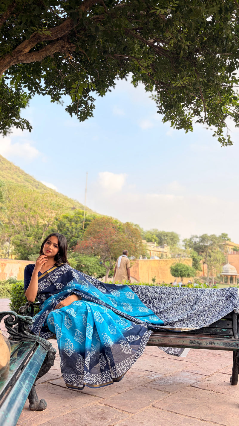Aqua Print Cotton MulMul Saree with Zari Border