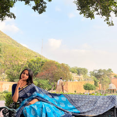Aqua Print Cotton MulMul Saree with Zari Border