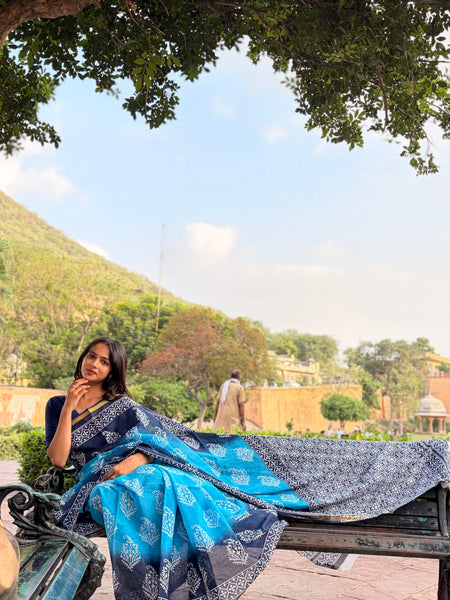 Aqua Print Cotton MulMul Saree with Zari Border