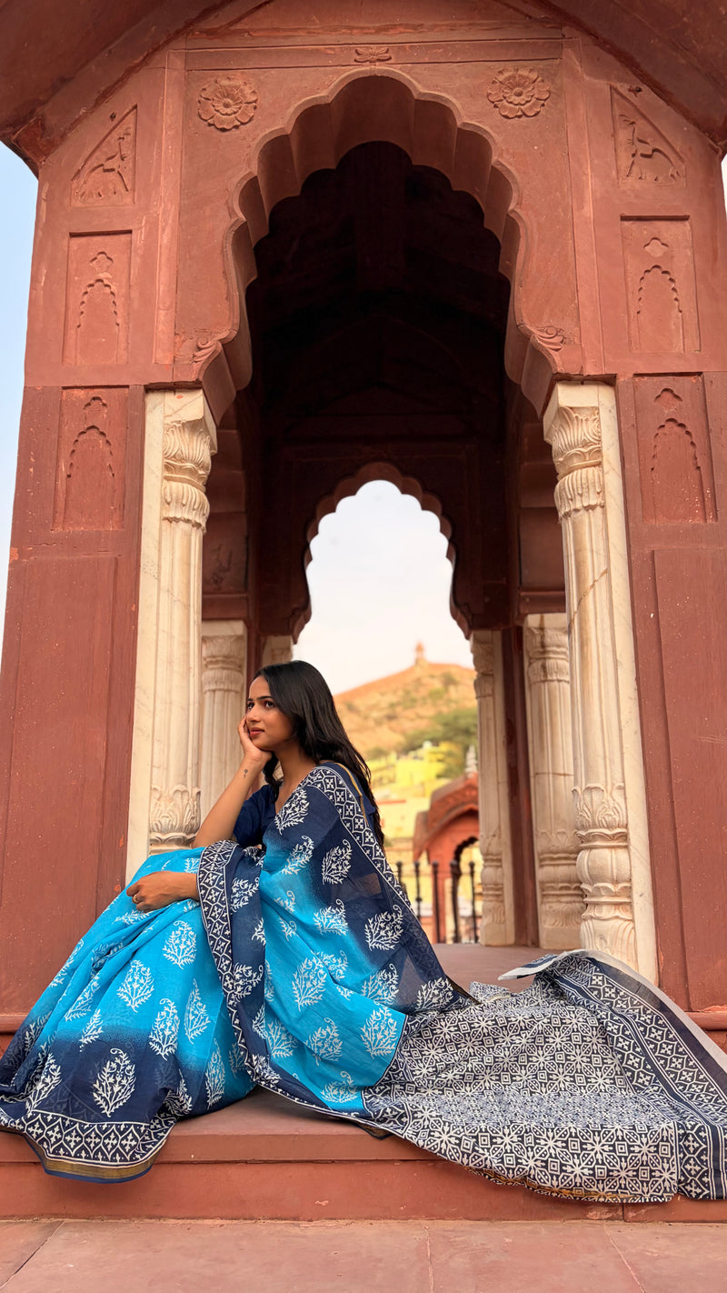 Aqua Print Cotton MulMul Saree with Zari Border