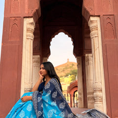 Aqua Print Cotton MulMul Saree with Zari Border