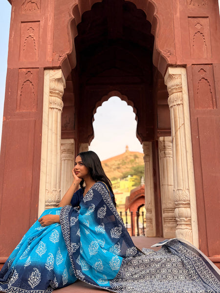 Aqua Print Cotton MulMul Saree with Zari Border