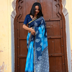 Aqua Print Cotton MulMul Saree with Zari Border