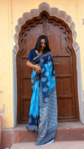 Aqua Print Cotton MulMul Saree with Zari Border