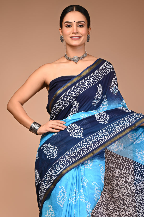 Blue Pure Cotton Ikkat Saree with Maheshwari Border