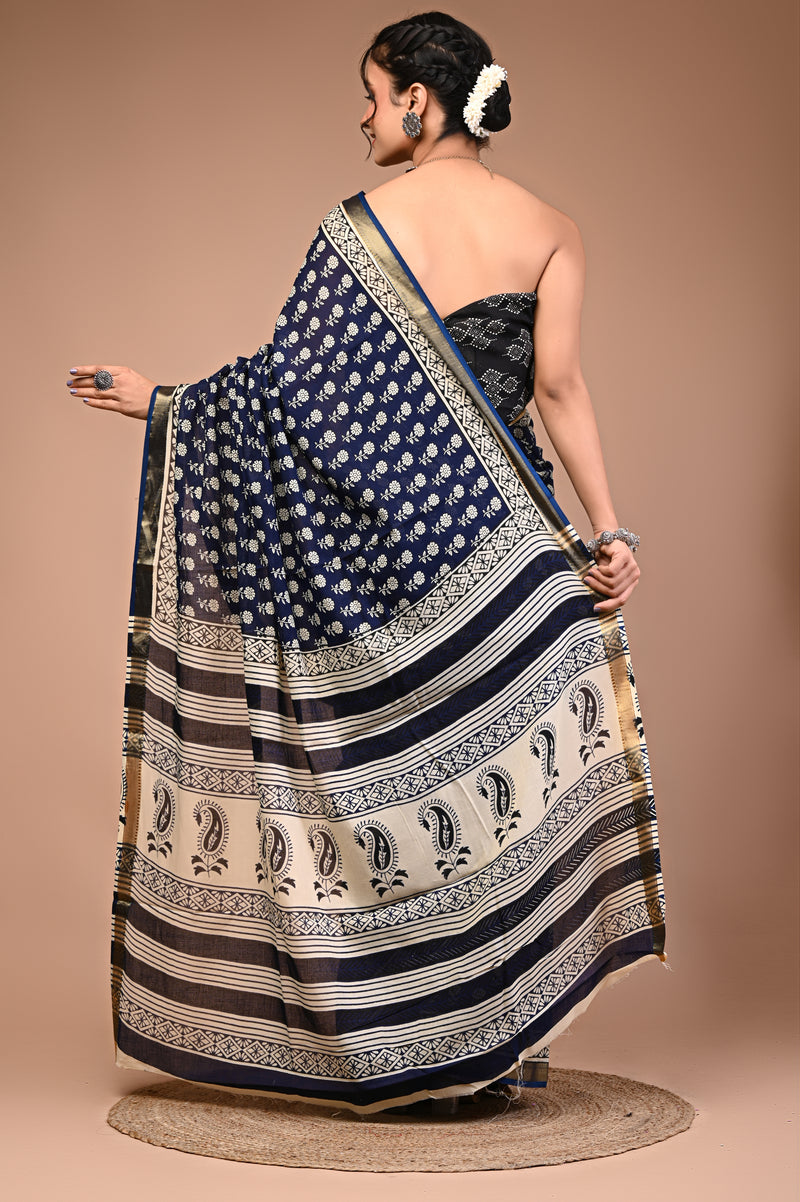 Blue Cream Booti Pure Cotton Maheswari Border Saree