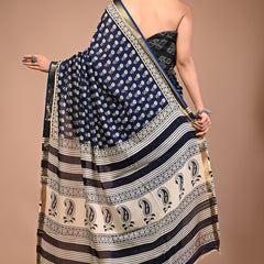 Blue Cream Booti Pure Cotton Maheswari Border Saree
