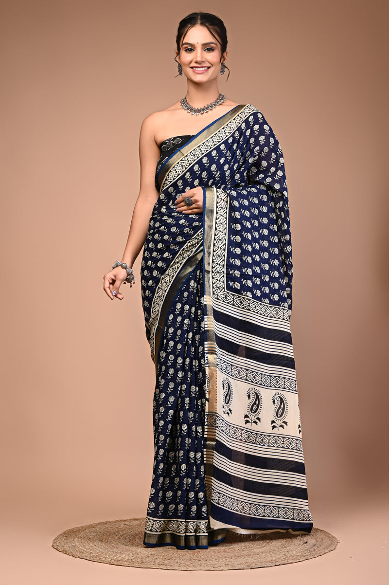 Blue Cream Booti Pure Cotton Maheswari Border Saree