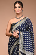 Blue Cream Booti Pure Cotton Maheswari Border Saree