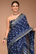 Blue Pure Cotton Maheswari Border Printed Saree