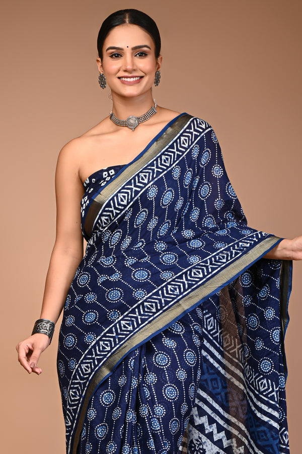 Blue Pure Cotton Maheswari Border Printed Saree