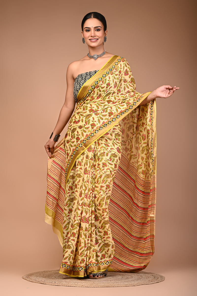Cream Pure Cotton Maheswari Border Floral Saree