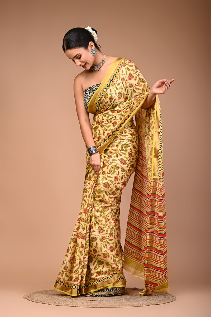 Cream Pure Cotton Maheswari Border Floral Saree