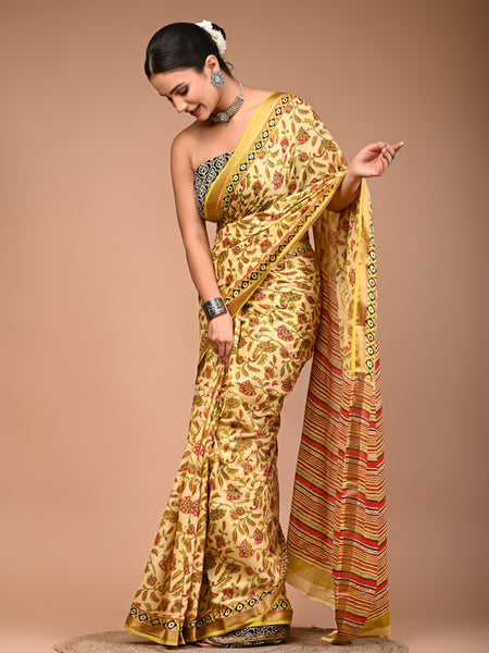 Cream Pure Cotton Maheswari Border Floral Saree