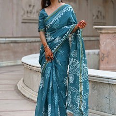 Teal Blue Traditional Block Print Cotton Zari Saree