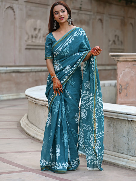 Teal Blue Traditional Block Print Cotton Zari Saree