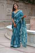 Teal Blue Traditional Block Print Cotton Zari Saree