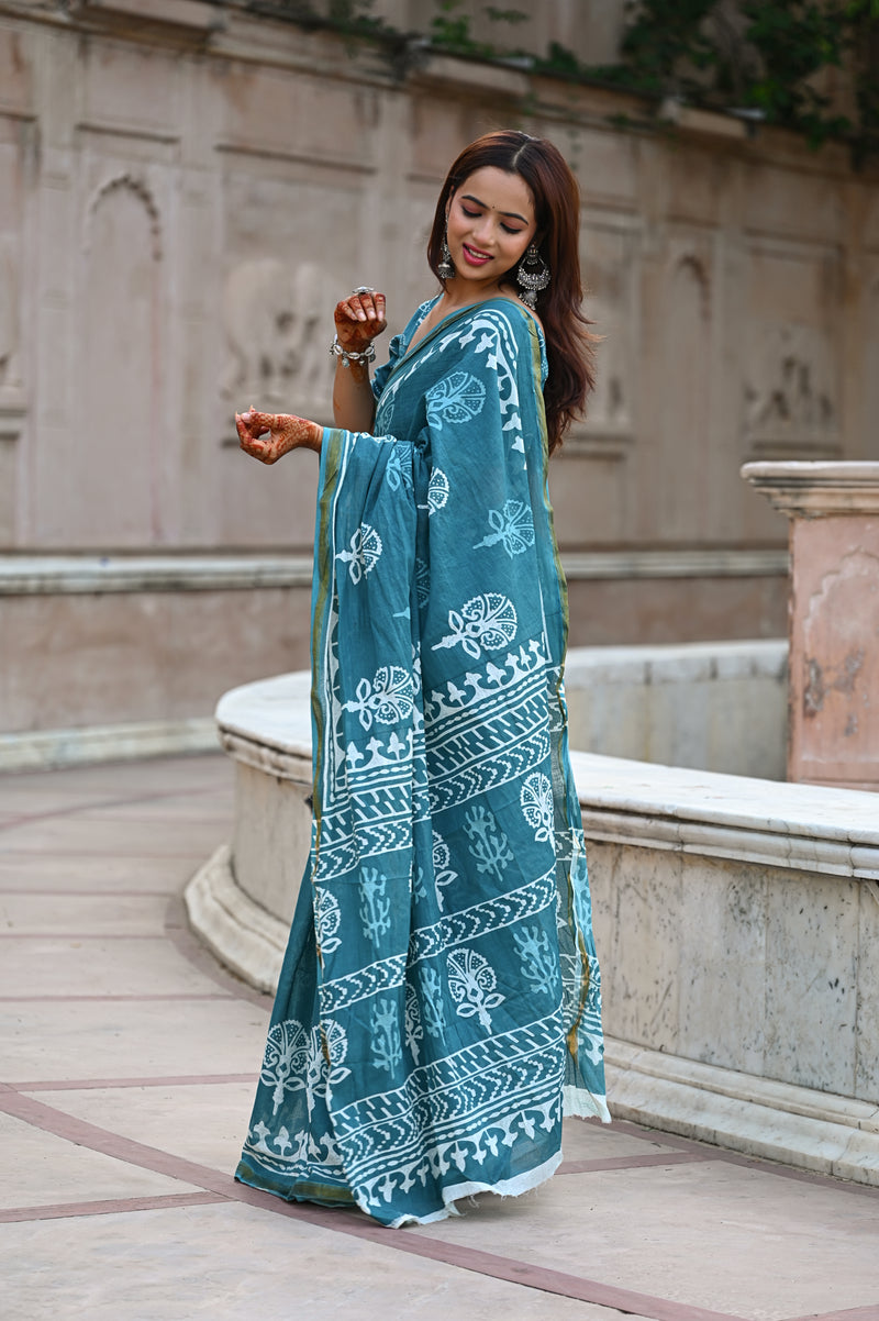 Teal Blue Traditional Block Print Cotton Zari Saree
