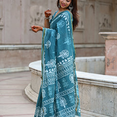 Teal Blue Traditional Block Print Cotton Zari Saree