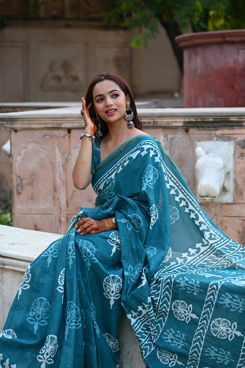 Teal Blue Traditional Block Print Cotton Zari Saree