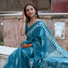Teal Blue Traditional Block Print Cotton Zari Saree
