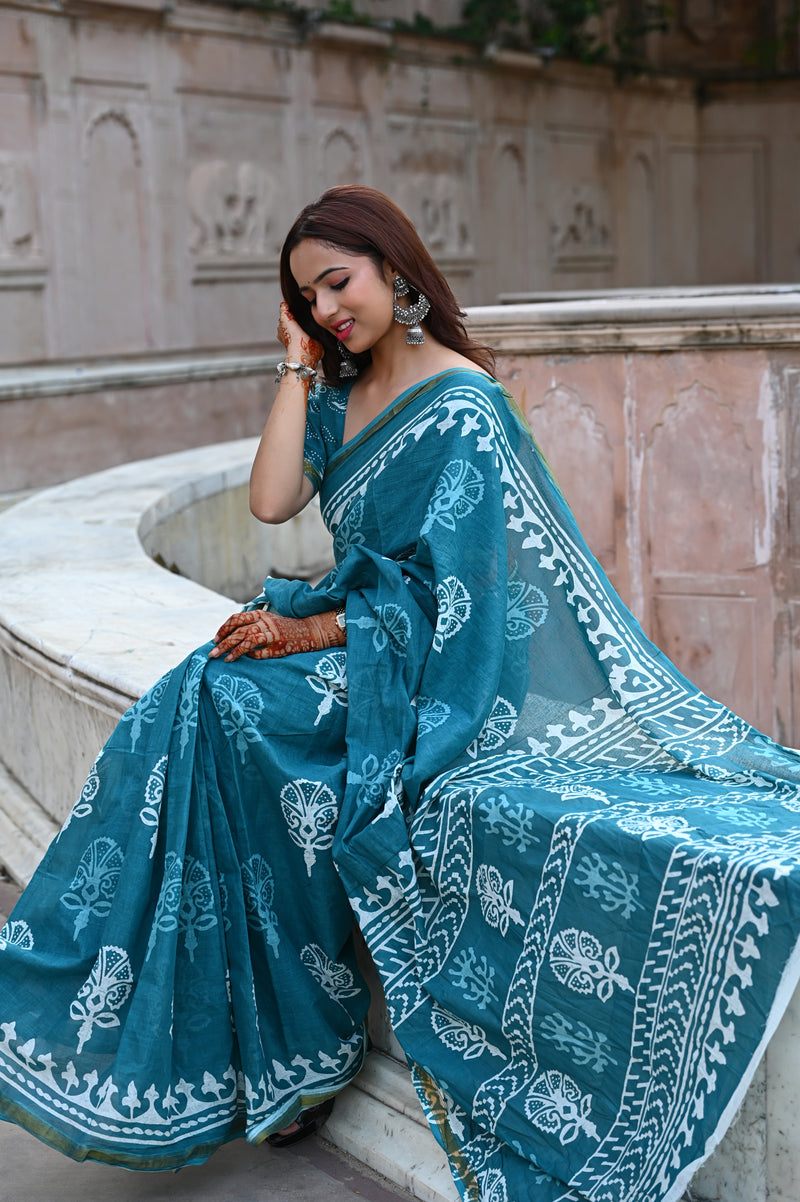 Teal Blue Traditional Block Print Cotton Zari Saree