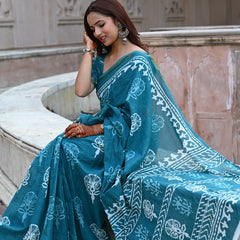 Teal Blue Traditional Block Print Cotton Zari Saree