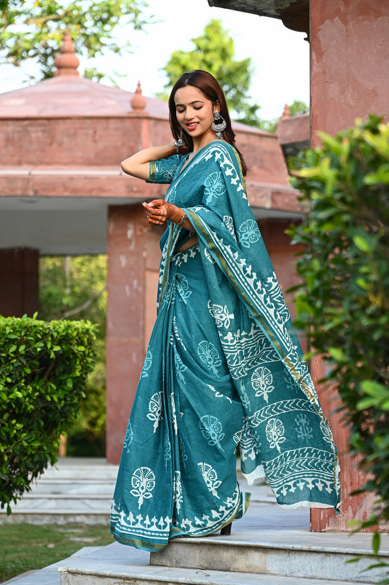 Teal Blue Traditional Block Print Cotton Zari Saree