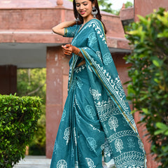Teal Blue Traditional Block Print Cotton Zari Saree