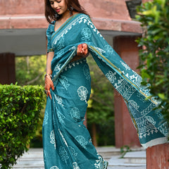 Teal Blue Traditional Block Print Cotton Zari Saree