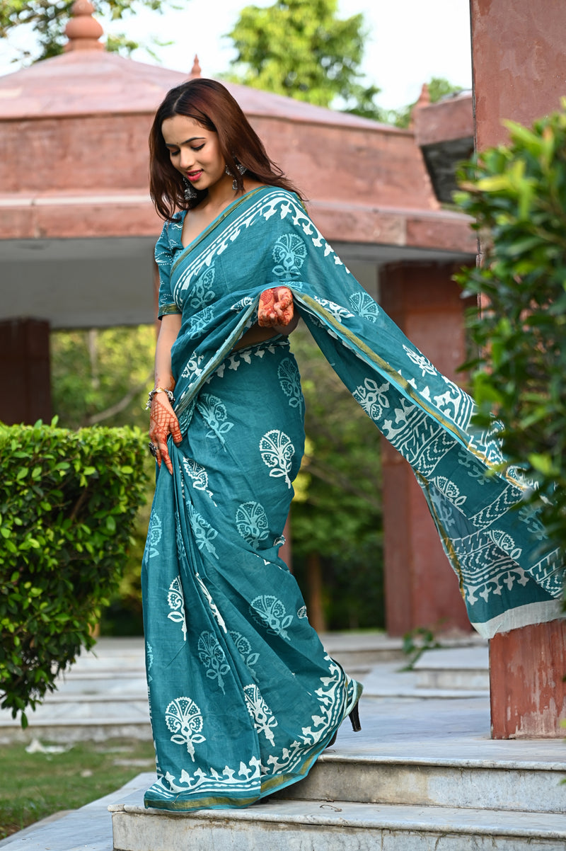 Teal Blue Traditional Block Print Cotton Zari Saree