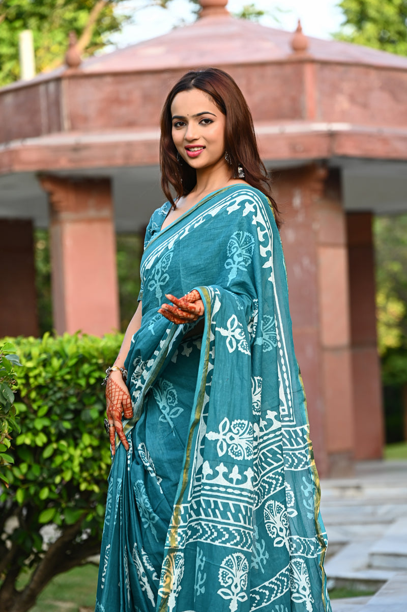 Teal Blue Traditional Block Print Cotton Zari Saree