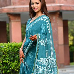 Teal Blue Traditional Block Print Cotton Zari Saree