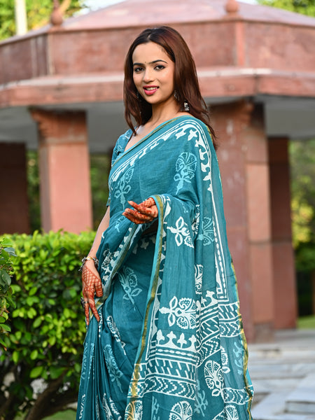 Teal Blue Traditional Block Print Cotton Zari Saree