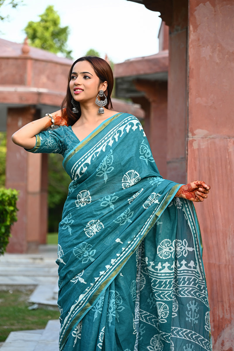 Teal Blue Traditional Block Print Cotton Zari Saree