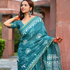 Teal Blue Traditional Block Print Cotton Zari Saree