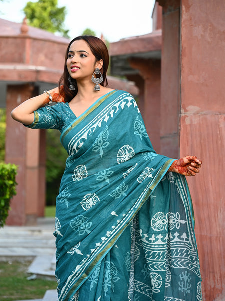 Teal Blue Traditional Block Print Cotton Zari Saree