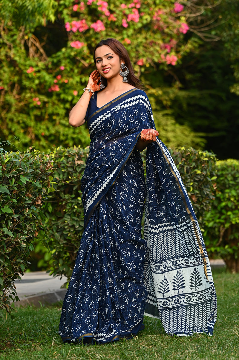 Navy Blue Floral Block Print Cotton Zari Saree