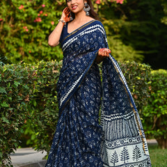 Navy Blue Floral Block Print Cotton Zari Saree