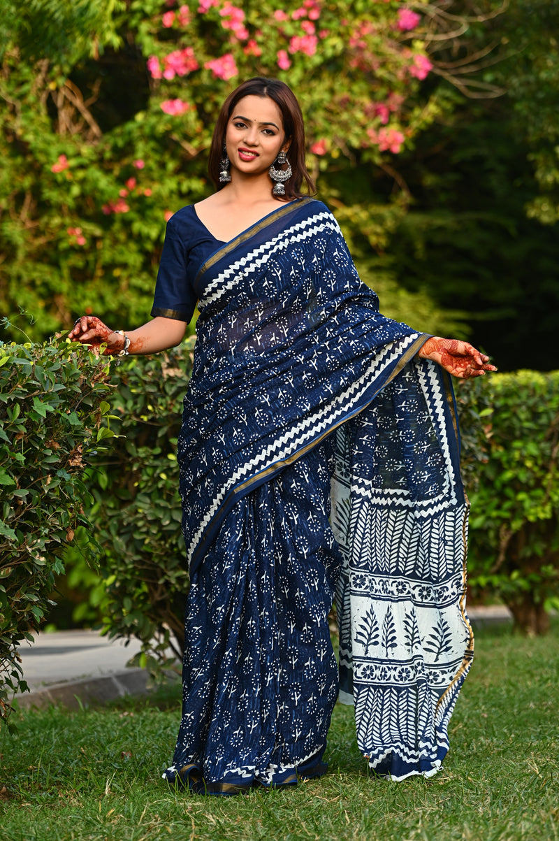 Navy Blue Floral Block Print Cotton Zari Saree