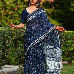 Navy Blue Floral Block Print Cotton Zari Saree
