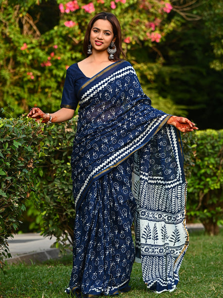 Navy Blue Floral Block Print Cotton Zari Saree
