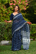 Navy Blue Floral Block Print Cotton Zari Saree