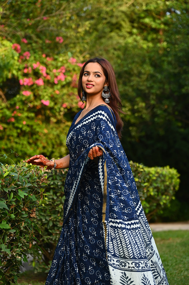 Navy Blue Floral Block Print Cotton Zari Saree