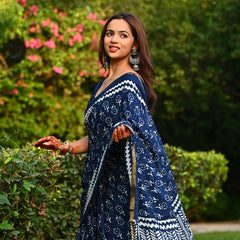 Navy Blue Floral Block Print Cotton Zari Saree