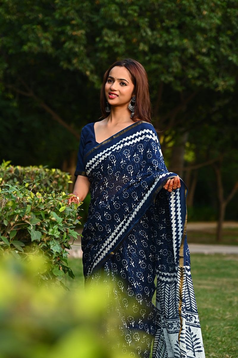 Navy Blue Floral Block Print Cotton Zari Saree