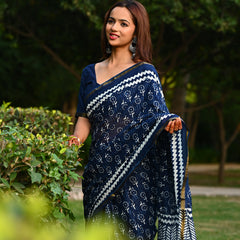 Navy Blue Floral Block Print Cotton Zari Saree